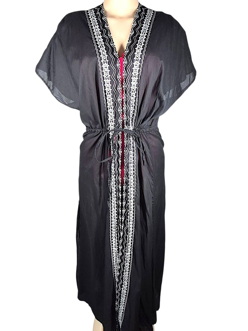 Torrid Maxi Cover Up Kimono Womens M/L Black White Embroidered Tie Waist Beach